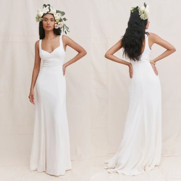 Reformation Lecce Maxi Crepe Dress Sz 4 Ivory Scoop Neck Full Skirt w/ Train - Picture 1 of 15